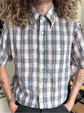 Vintage 70s Plaid Seersucker Jeans Joint Sears S/S Button Down Shirt ~ Size L